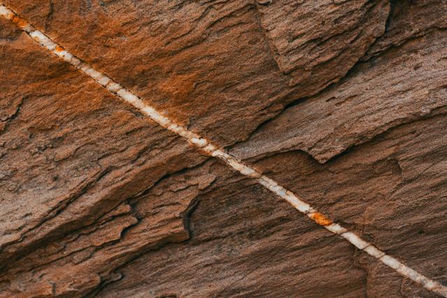 Detailed view of sedimentary rock featuring a prominent mineral vein across its surface.